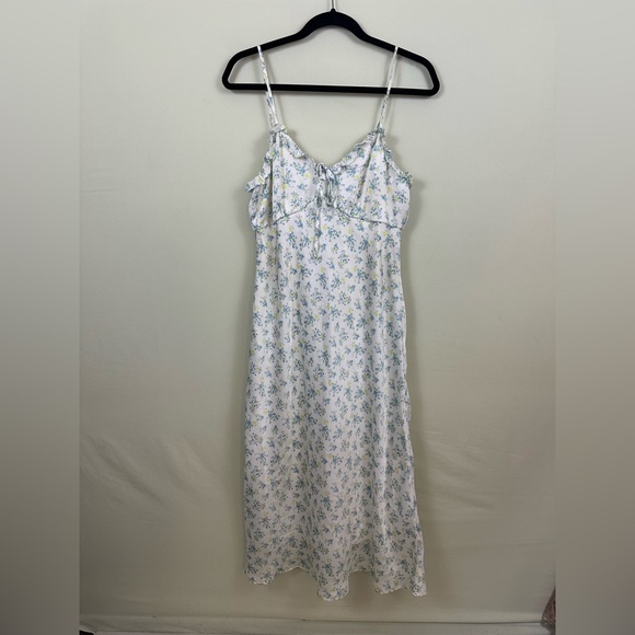 Altard State White Blue Floral Satin Spaghetti Strap Midi Dress Ruffle Hem - Picture 1 of 8